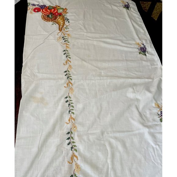 VTG Tablecloth & Napkins Fall Harvest Pumpkins Fruit Mushrooms Hand Embroidered - Picture 5 of 12